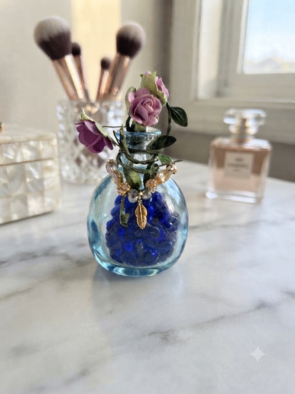 Small Glass Vase with Pink Rose Accents